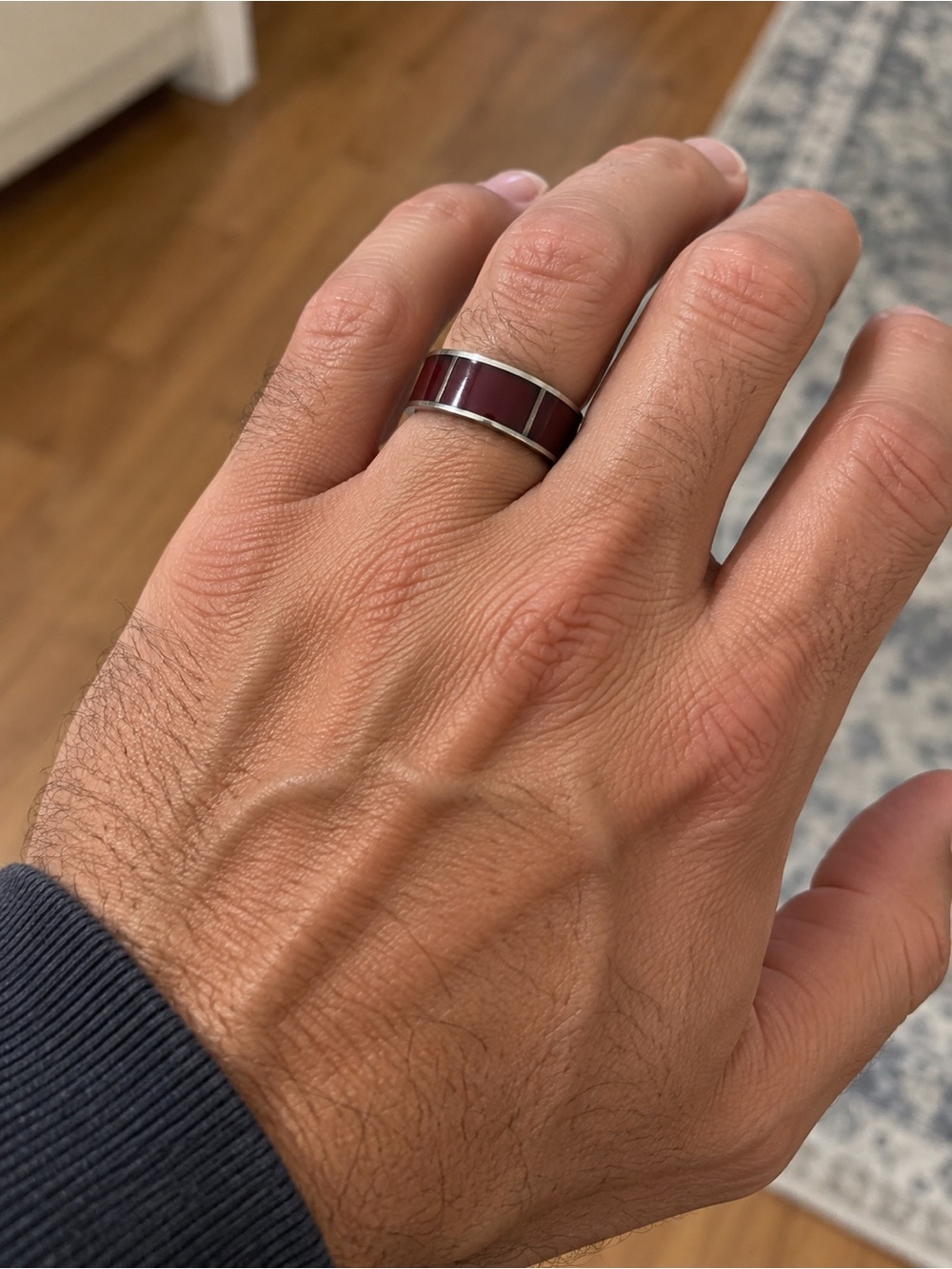 Men's Silver Band Ring with Burgundy Inlay